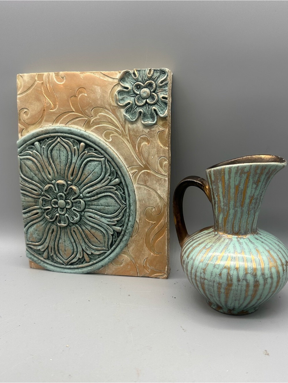 Carstens Tonnieshof Turquoise and Bronze pitcher & Plaque - Home Art